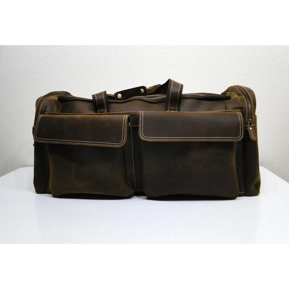 Polare Mens Full Grain Leather Duffel Bag Weekender Travel Luggage Brown Vintage